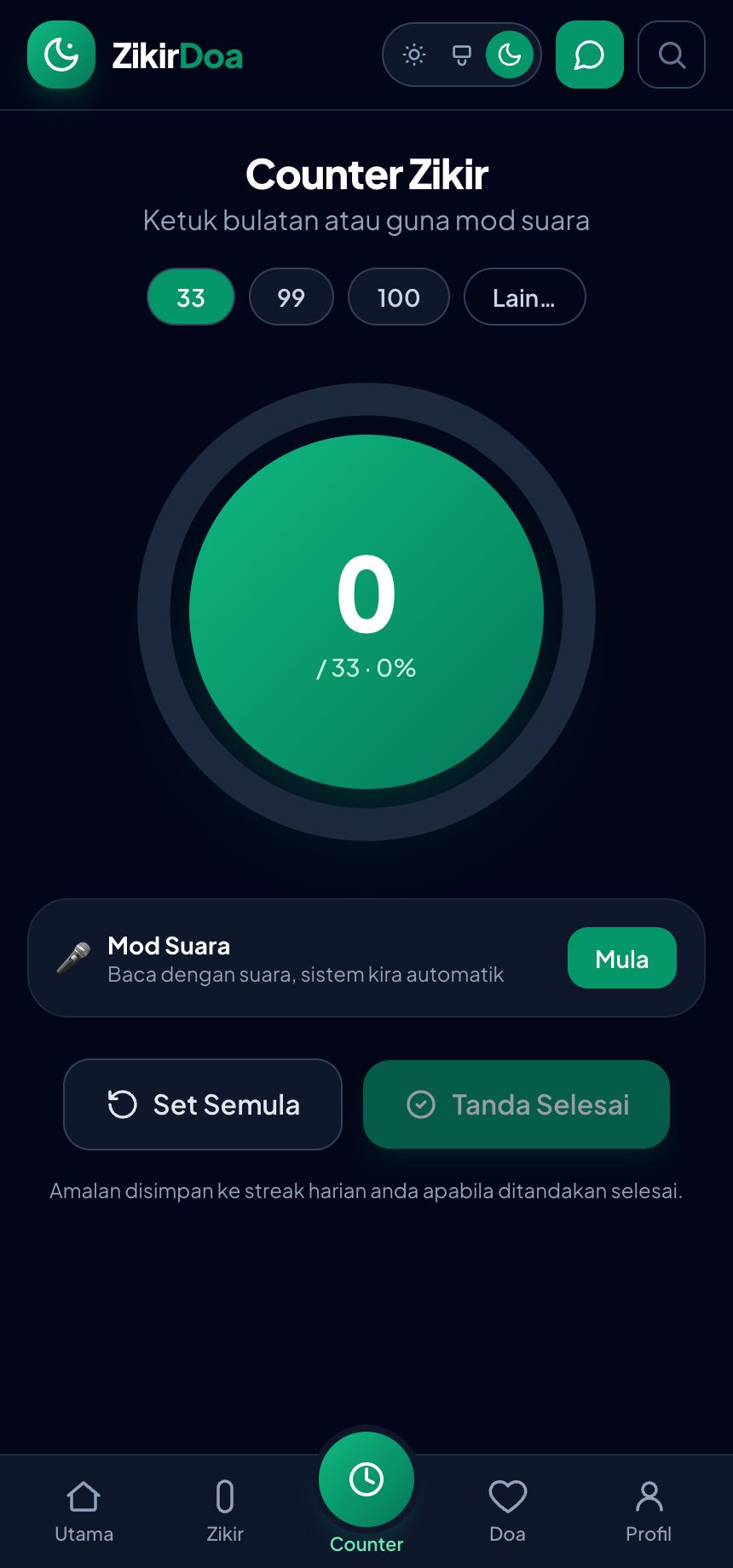 Skrin Counter zikir (mod gelap) — ZikirDoa
