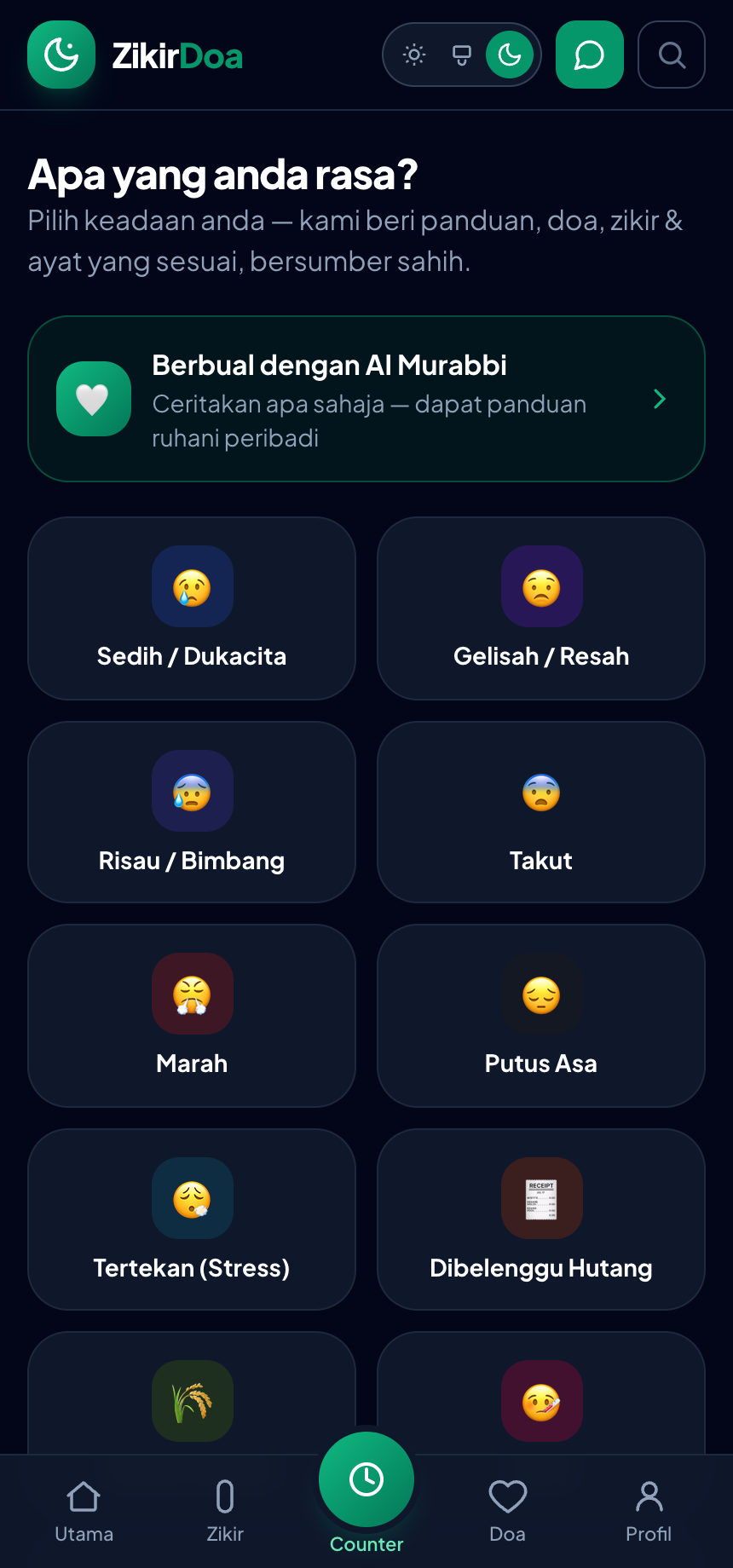 Skrin Ikut keadaan hati (mod gelap) — ZikirDoa