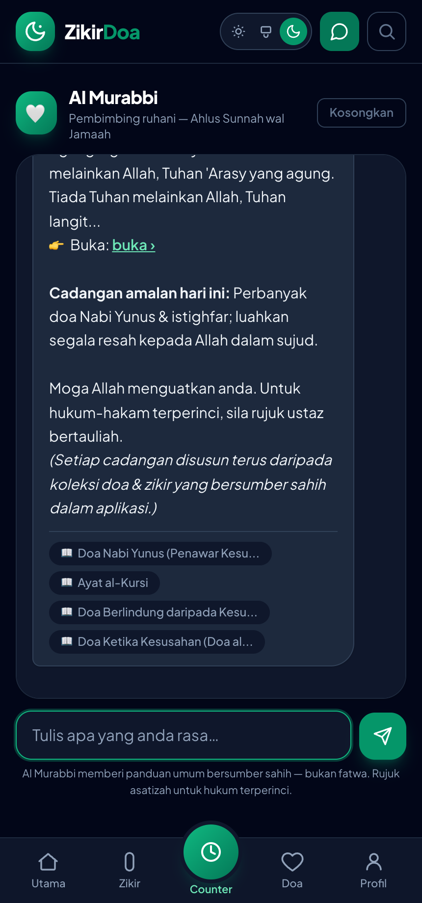 Skrin AI Murabbi (mod gelap) — ZikirDoa